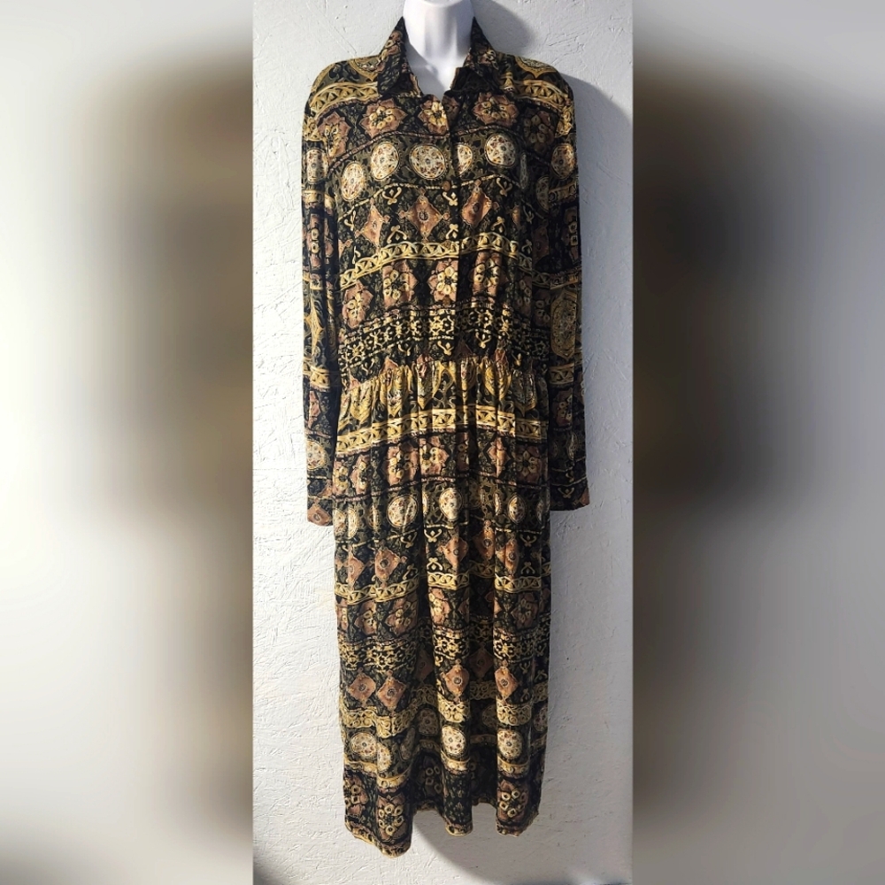 Vintage 1980s ejm Long-Sleeve Brown & Black Patterned Maxi Dress - Women's 16
